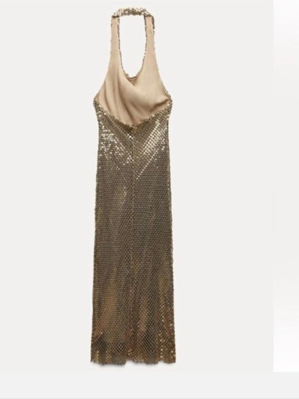 ZARA Gold Sequin Mesh Halter cowl neck open back Midi Maxi Dress EUC Size XS - Picture 12 of 16